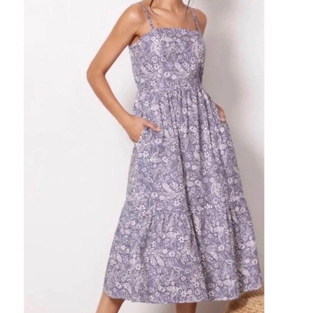 Evereve Thalia Square Neck Midi Dress Size Small Blue Floral EUC Tiered Pockets